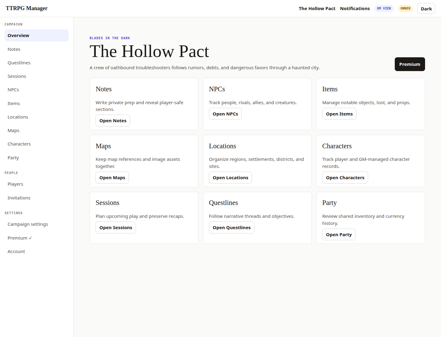 Campaign workspace showing the main campaign sections