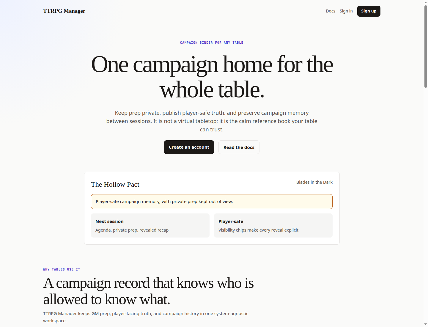 TTRPG Manager public home page showing campaign binder positioning