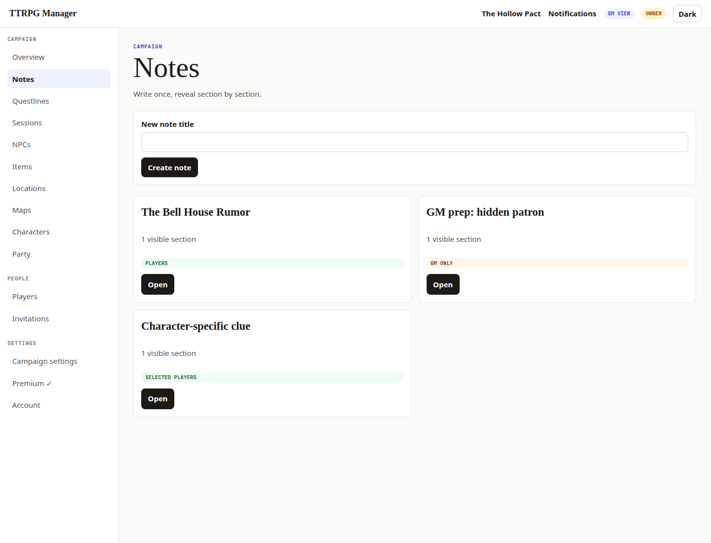 Notes workspace showing visibility chips